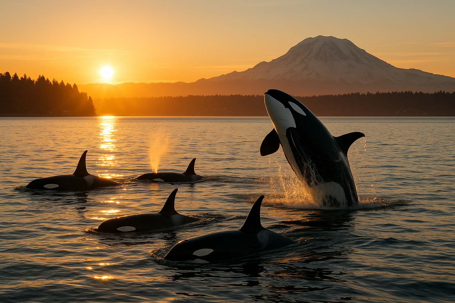 Orca pod breaching in Puget Sound